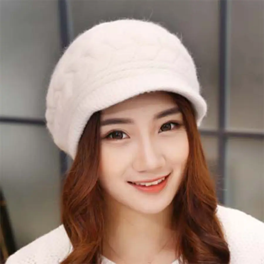 

Warm Knitted Beret Female Crochet Slouch Rabbit Fur Women's Hats Cap Chapeau Femme Korean Winter Hat for Women solid color