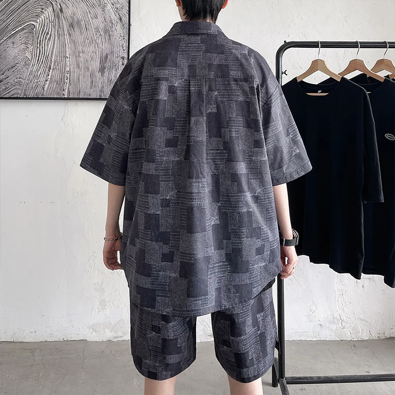 

Summer Short Set Fashion Man Polyester Men Suit Shirts Plus Shorts Patch Plaid Casual Oversized Clothing Man