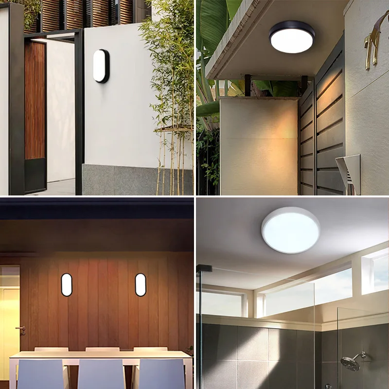 Lámpara de techo impermeable para baño, luz LED redonda ovalada para exteriores, balcón, entrada, porche y jardín, de alto brillo, color blanco y negro