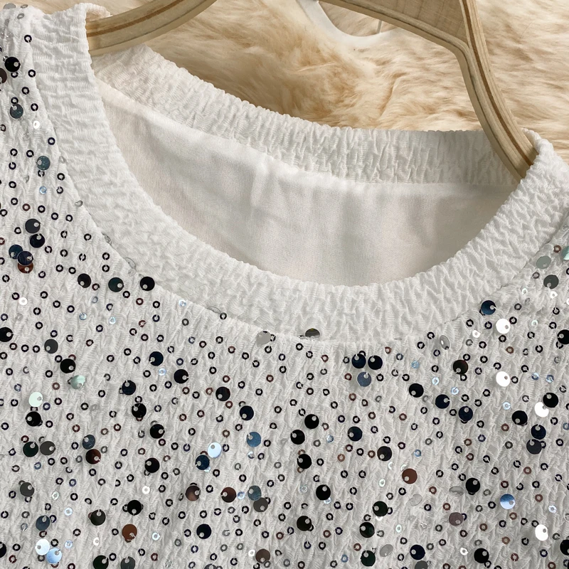 

Puff Sleeve Women Sequined Crop Tops Fashion Women Sequined Short T Shirts Femme Bling Bling Tops