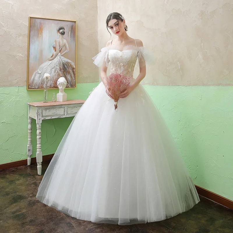 

Vestidos De Novia 2022 New Sexy Boat Neck Spaghetti Straps Sleeve Plus Size Wedding Dress Tulle Flower Custom Made Bridal Dress