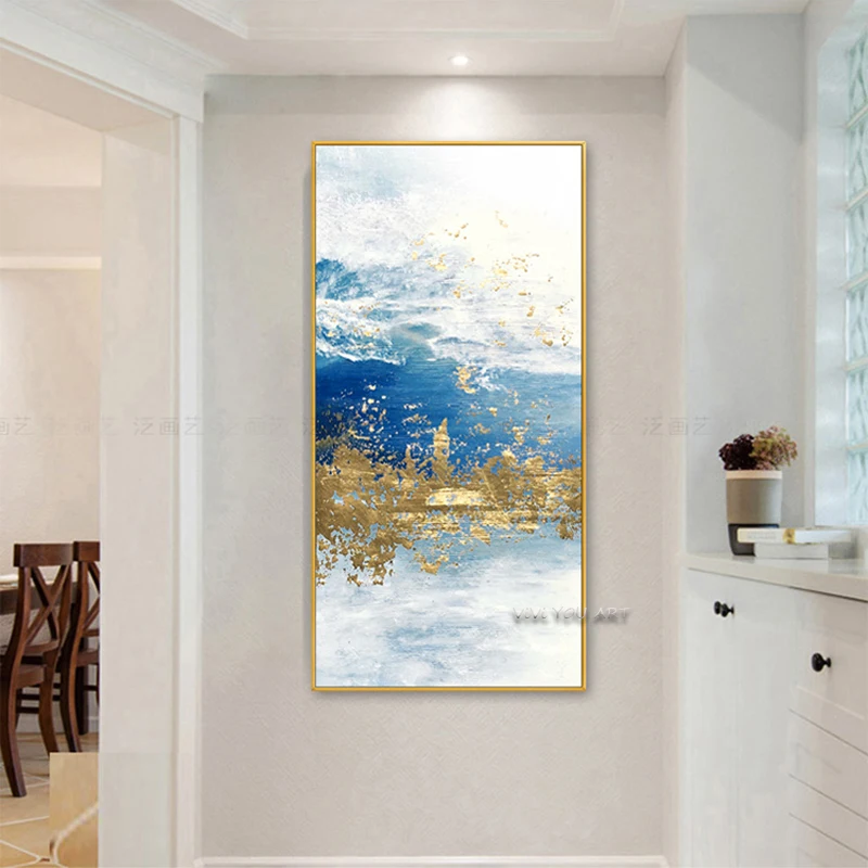 

100% Handmade Modern Abstract Gold foil lines Blue Canvas Art Paintings For Living Room Bedroom Posters Wall Poster Home Decor