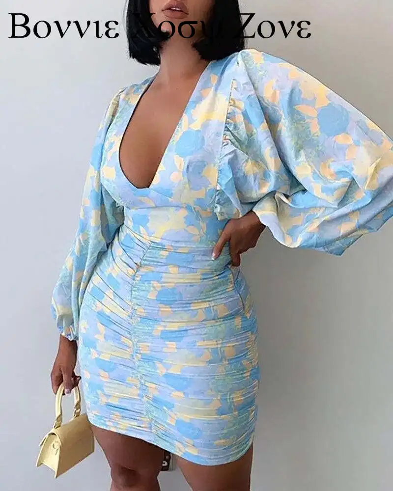 

Women Floral Pattern Print Lantern Sleeve Ruched Bodycon Dress Mini Bodycon Summer Dresses For Women 2021