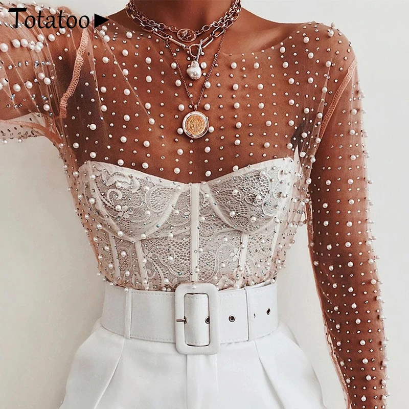 Serytee бриллиантовый блеск прозрачные жемчуг блуза рубашки Для женщин 2020 летняя