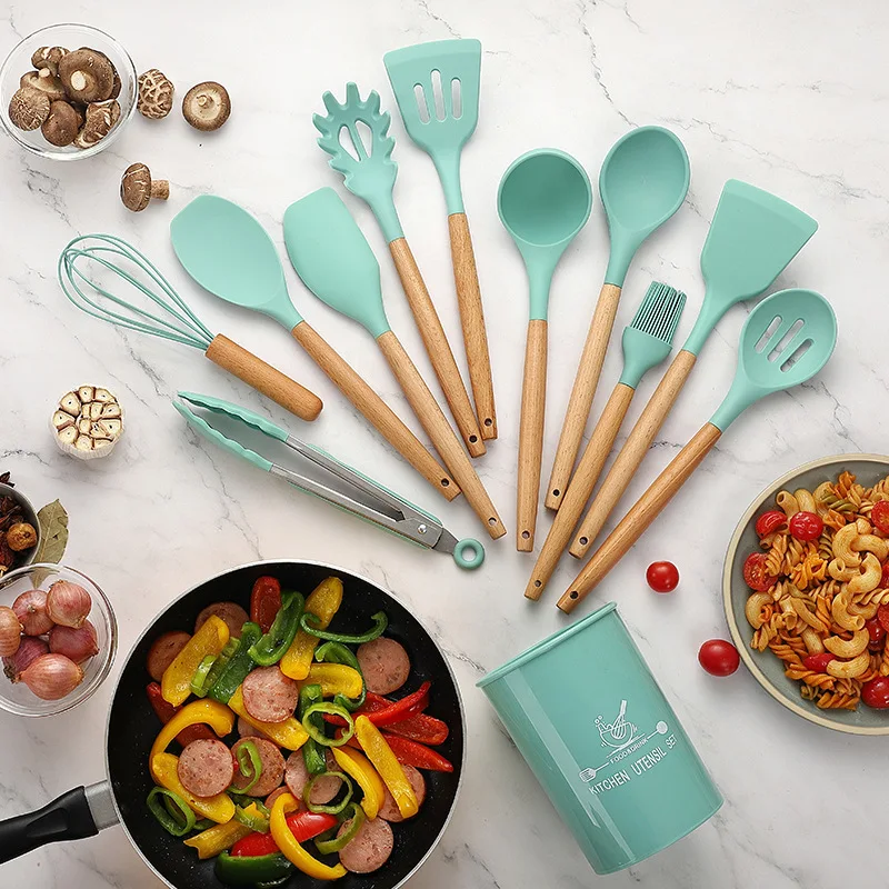 

silicone kitchen utensils with wooden handle