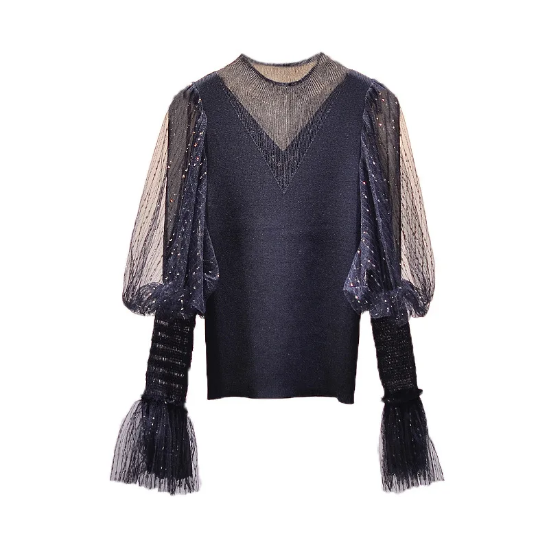 

SuperAen 2021 Autumn New Polka-dot Lace Flare Sleeve Slim Knit Top Woman Sweaters