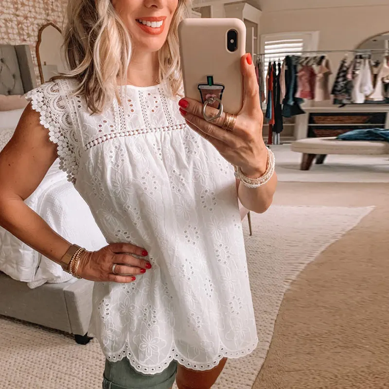 

Summer Tanks Tops Fashion Women Sleeveless Hollow Out Shirt Lace Crochet Vest Tee Female Solid Patchwork Casual White Lady Top