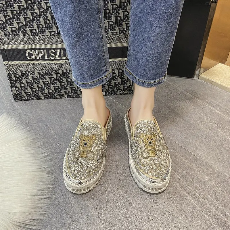 

Women Comfortable Platform Shoes Ladies Casual Shoes Rhinestone Slippers Round Toe Rubber Flats 2021 Spring Autumn Women's Shoes