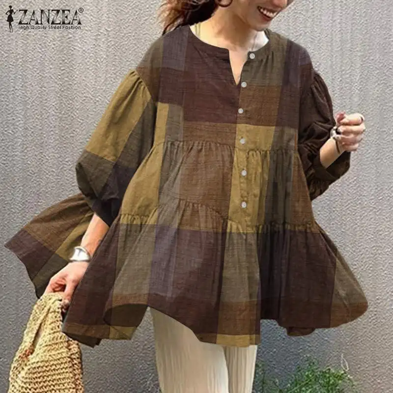 Блузка женская клетчатая в клетку с пышными рукавами оверсайз |