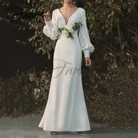 simple v neck backless mermaid wedding dresses long sleeve satin floor length bridal gown vestido de noiva robe de mari%c3%a9e