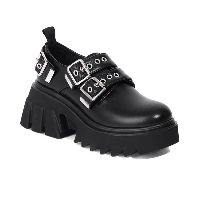 

Prova Perfetto punk black women's leather shoes round toe high platform shoes buckle strap women's high heel shoes ladies shoes