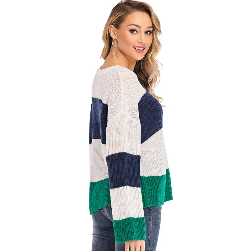 

O Neck Pullover Women Striped Sweaters Loose Jumpers Oversized Knitted Outwear Casual Lady European Korean Fashion YH-A163