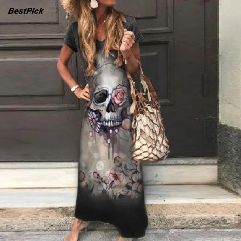 

2020 новый в стиле панк с изображением скелета с принтом «череп», женские платья для женщин с v-образным вырезом с длинным рукавом платье разме...