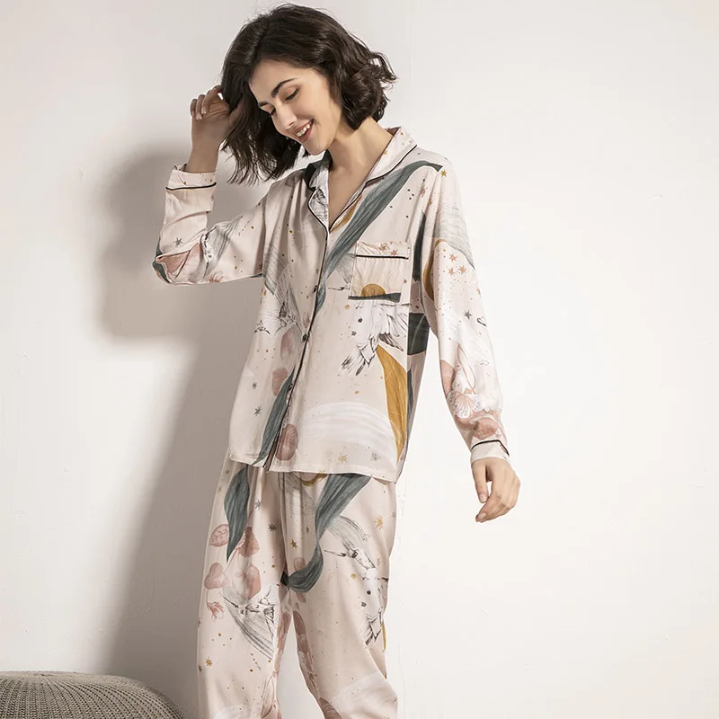 Starry Sky And Floral Printed Women Pajamas Set Comfort Cotton Satin Full Sleeve Homewear Ladies Tender Casual Wear For Spring