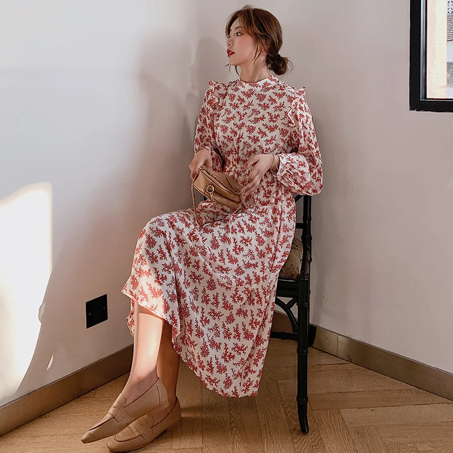2019 винтажное цветочное шифоновое платье миди осень зима новое плюс размер с