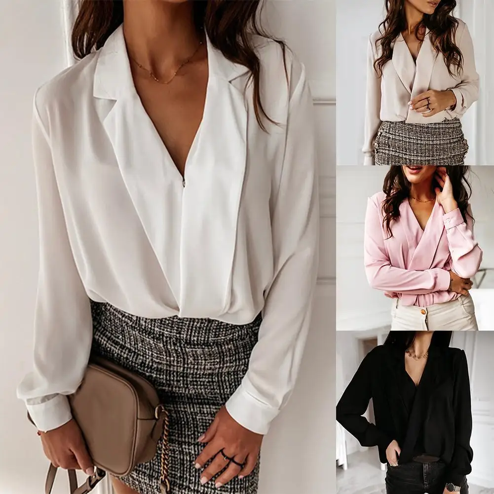 

Women Solid Color V Neck Long Sleeve Cross Wrapped Blouse Loose Office Shirt