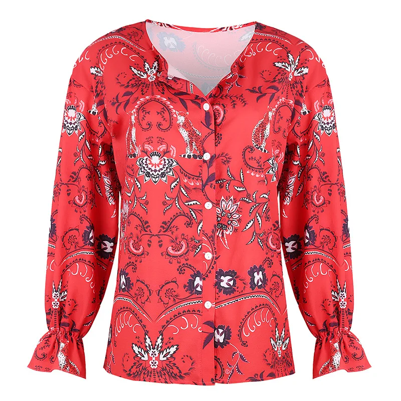 

Womens Tops and Blouses Summer European and American Women Single-Breasted V-neck Sexy Printed Long-Sleeved Shirt