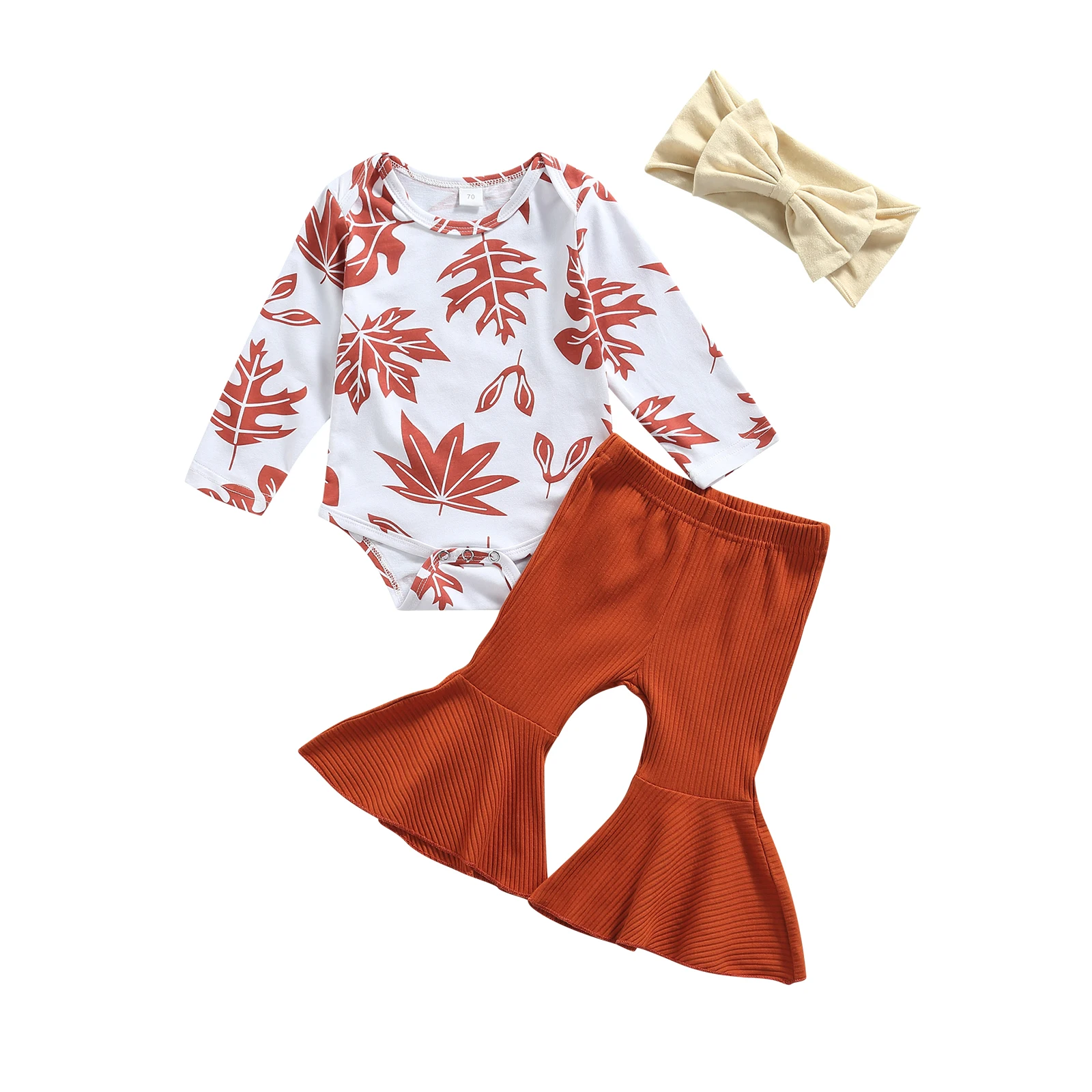 

2021 3Pcs Baby Girls Clothing Sets Maple Leaf Long Sleeves Romper + Flare Trousers + Headband for Toddler Girls Clothes Suit