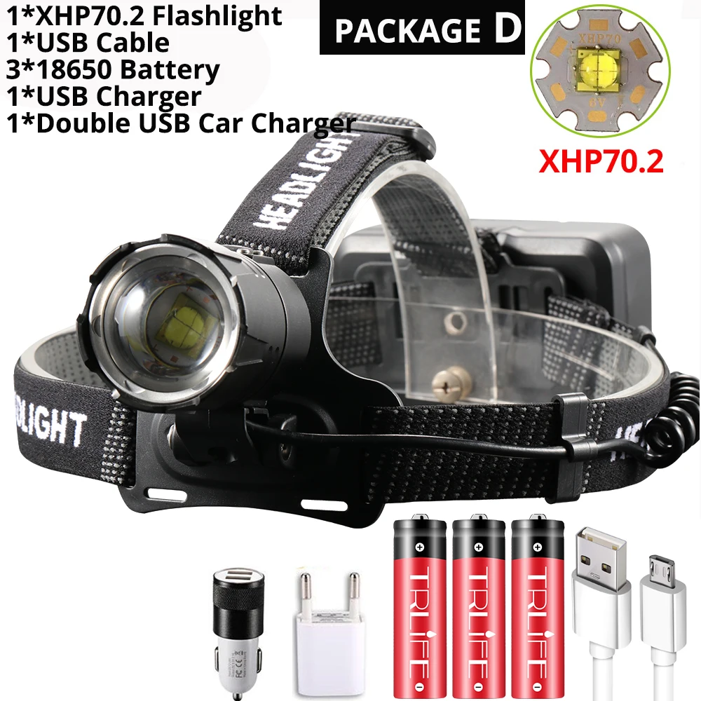 XHP70.2 светодиодный налобный фонарь XHP70 самый мощный желтый или белый светодиодный налобный фонарь для рыбалки, кемпинга, фонарь с зумом, 3*18650 батареи - Испускаемый цвет: Package D