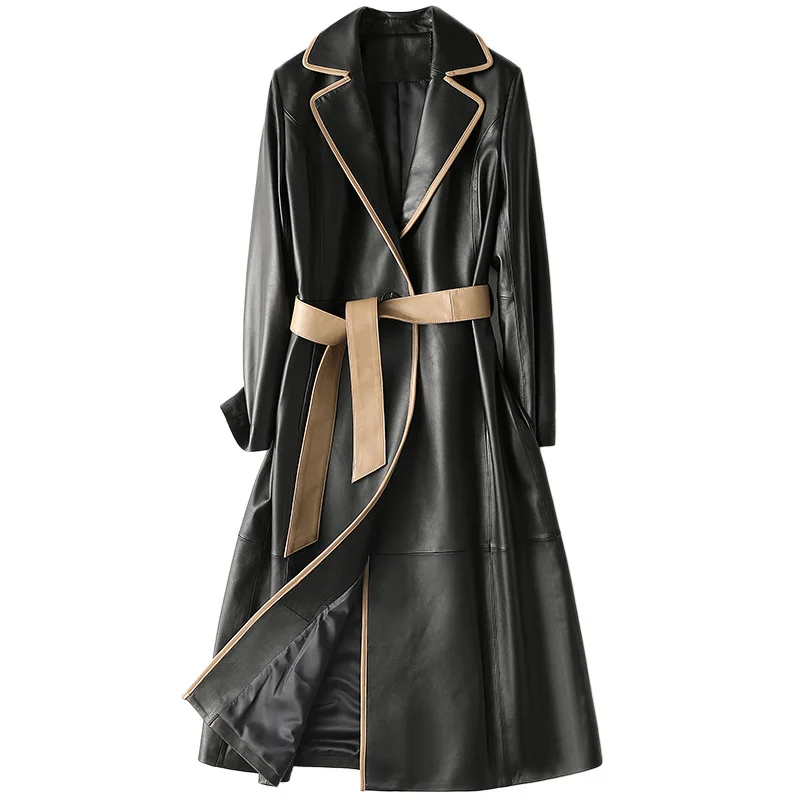 Women's Real Leather Slim Long Spring Sheepskin Coat Black High Quality Jacket with Belt High End Temperament New Windbreaker