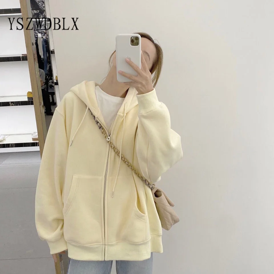 Sweatshirts Women Long Sleeve Spring Autumn Solid Zip-up Hooded Hoodies Oversize Outerwears 2021 Winter Casual Yellow Hoodies