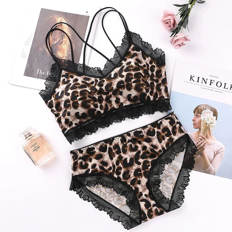 

AECU Sexy Women Lace Bra Set One-pieces Brief Thong Underwear Brassiere Lingerie Sets Padded with Panties Seamless Leopard
