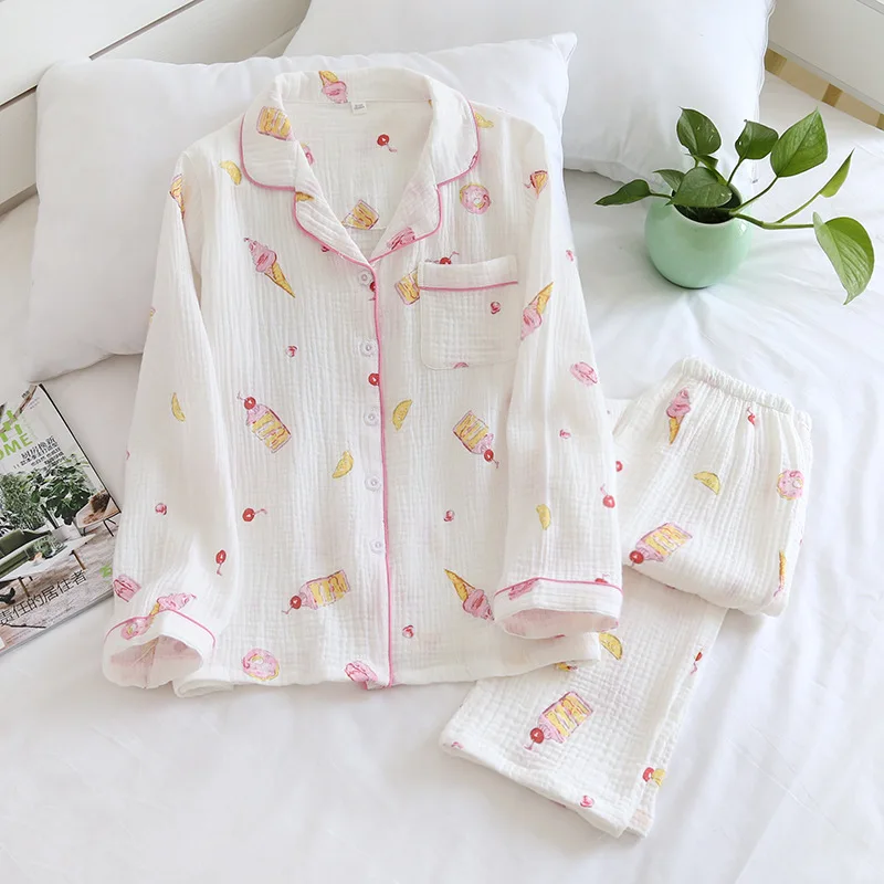 

New 100% Cotton Long-sleeved Pajamas for Women Plus Size Home Clothes Crepe Gauze Print Sleepwear Set 2 Piece Casual Lounge Wear