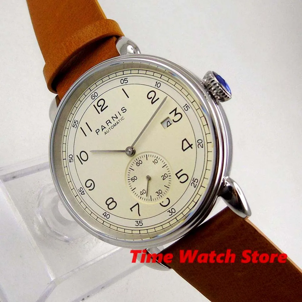 

PARNIS 42mm Automatic watch men waterproof silver case yellow Dial Date brown leather strap