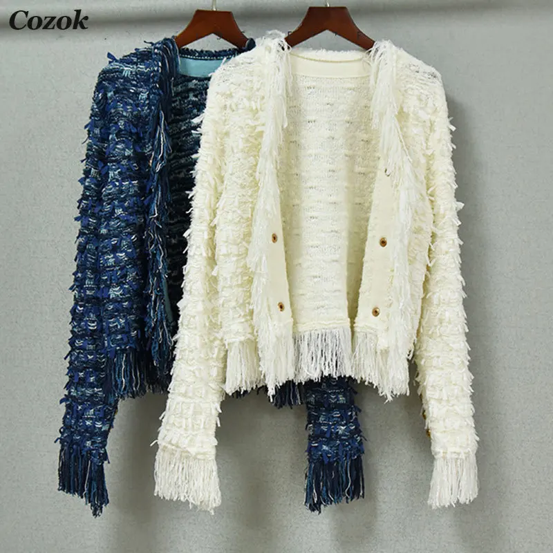 

2021 Autumn New High Quality Woolen Knitted Cardigan Slim Commuter Jacket Luxury Design Fashion Fringed Elegant Cardigans Top