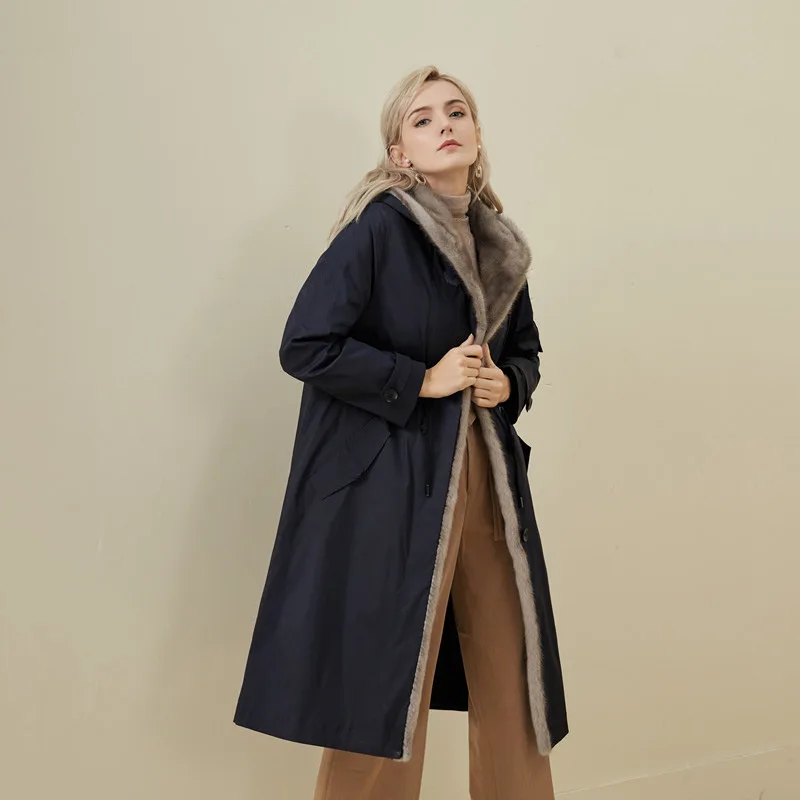 Super Mink Hooded Real Fur Coat Women Long Windproof Warm Rex Rabbit Fur Liner Detachable Knee-length Wool Black Overcoat Parkas