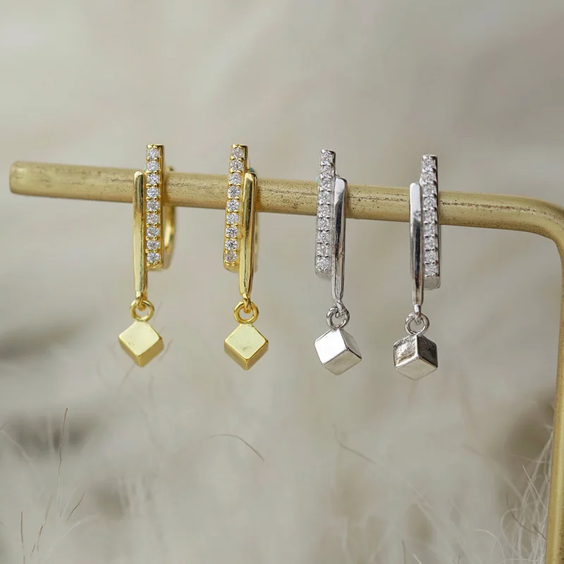 

925 Sterling Silver Tassel Square Bead Piercing Stud Earrings For Women Girls Wedding Party Jewelry Pendientes eh558