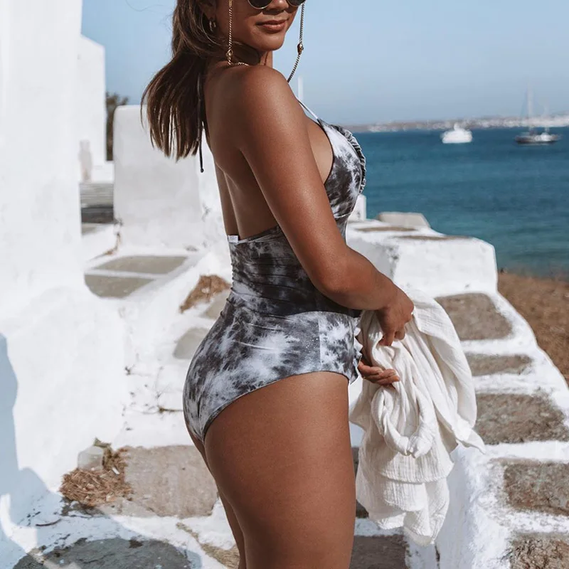 New 2020 Sexy Tie Dye Lace up Female Swimwear One Piece swimsuit Women Deep v neck Monokini High cut Bathing suit Swim Bodysuit