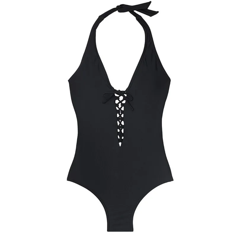

New Large Size Swimwear Solid Color Drawstring Halter Neck Plus Fat One-Piece Bikini