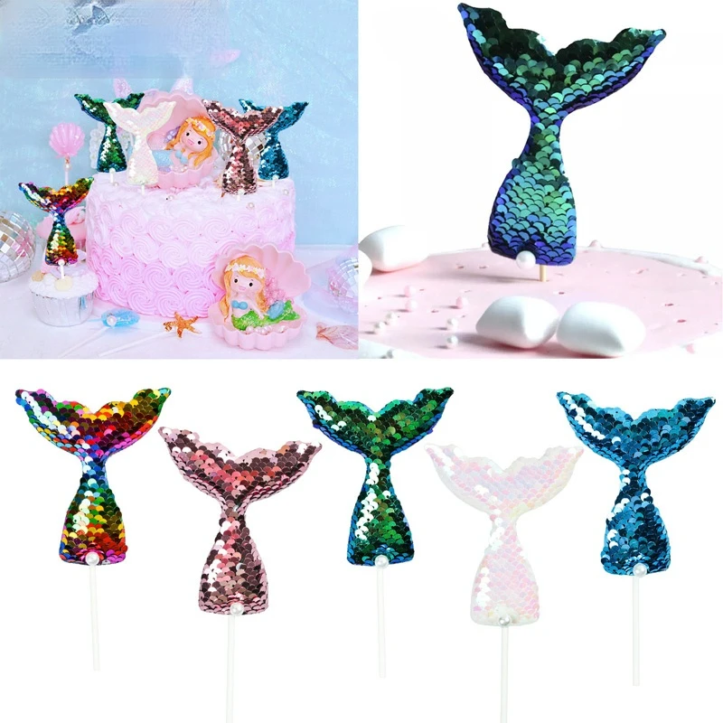 

10pcs Sparkling mermaid tail cake topper under the ocean sea theme birthday party sequin cake decoration wedding