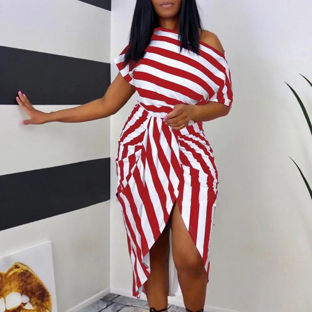 

Summer Stripe Dress 2021 Fashion Casual Irregular Bodycon Off Shoulder Women Short Sleeve High Slit Dress vestidos mujer verano