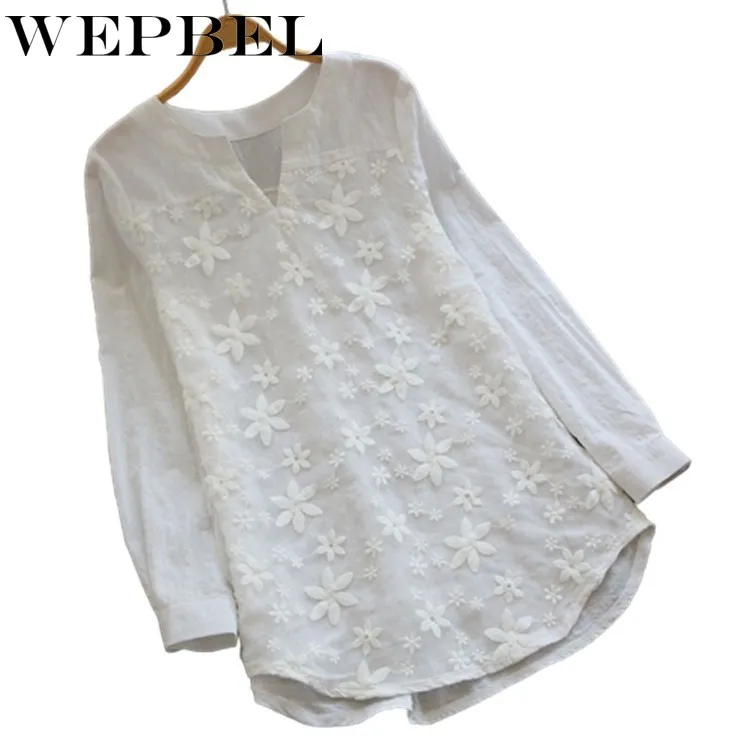 

WEPBEL Women Autumn Long Sleeve Loose Shirt Top Ladies Casual Elegant V Neck Embroidery T-shirt Plus Size S-5XL