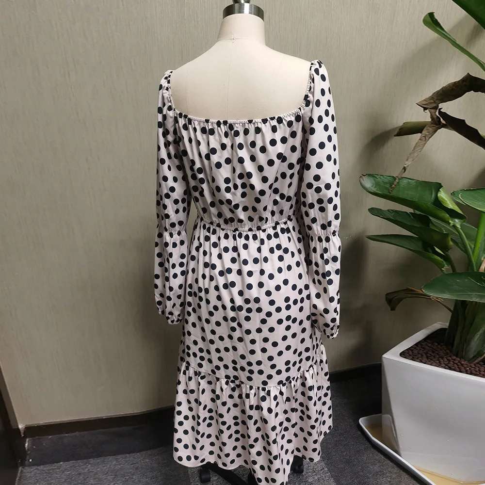

Autumn Spring Long Sleeve Dress Retro Polka-dot High-waist Casual Mid-length Women Party Dresses TAL0335