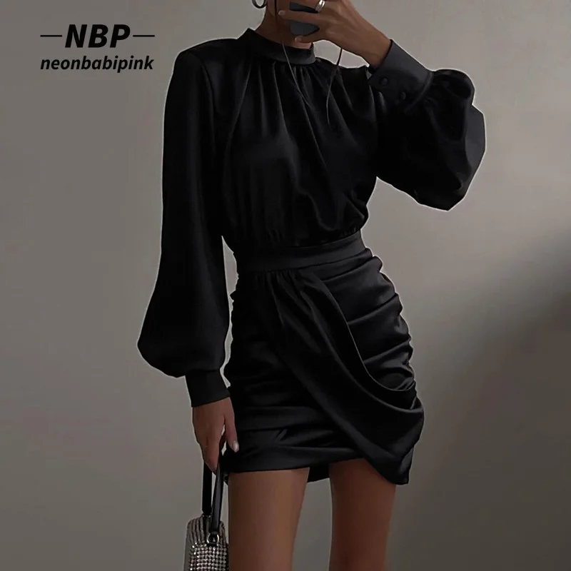 

Элегантное модное облегающее платье NEONBABIPINK с длинным рукавом, черные, Синие атласные Сексуальные вечерние платья для женщин, женская одежд...