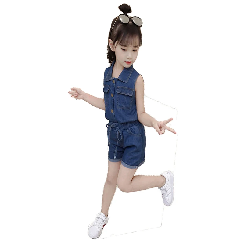 

Thin girls' denim suit summer fashion Korean fashion children's fashionable denim shorts two piece fashion suit kids clothes