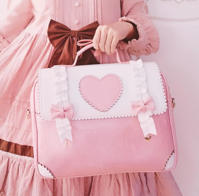 

Bowknot love kawaii girl handbag loli cos gothic lolita shoulder bag japanese student sweet lolita backpack vintage falbala cute
