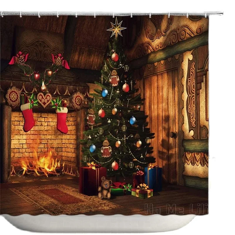 

Christmas Tree With Balls Decor By Ho Me Lili Shower Curtain Vintage Cottage Fireplace Gifts Socks Festive Celebration