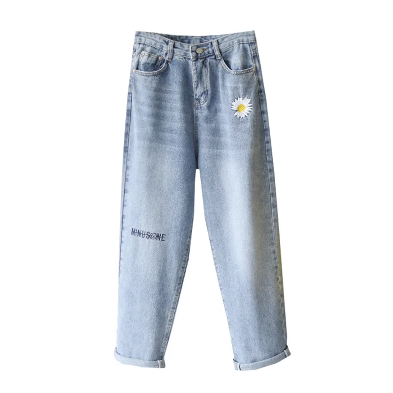 

Denim Pants Women Letters And Daisy Flower Blue Jeans