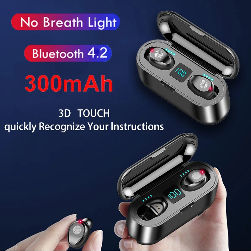 

Headphone Stereo Sport TWS F9 Wireless Bluetooth Earphone Touch Mini Earbuds Bass Headset with 2000mAh Charging Case Power Ban