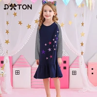 dxton cotton kids dress for girls stripe long sleeve casual children dresses spring and winter star pattern dress girls clothing