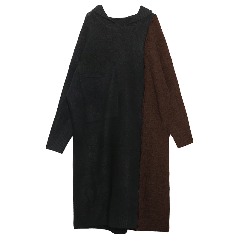 

XUXI Autumn 2020 Women Dress Elegant Fashion Stitching Long Sleeve Streetwear Knitting Casual Loose Hooded Vintage FZ3120