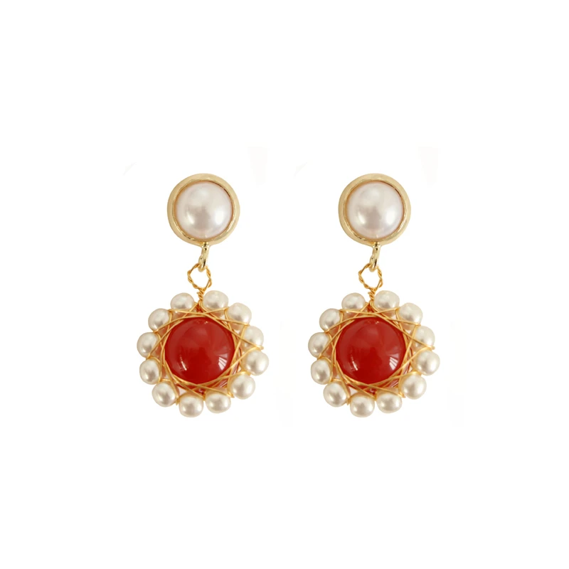 

French Baroque Vintage Palace Sweet Pearl Red Agate Earrings Korean Gentle Fairy Earrings Earrings Female Wholesale