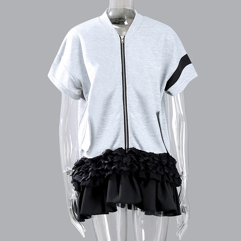 

[EAM] Loose Fit Gray Ruffles Big Size Jacket New Stand Collar Short Sleeve Women Coat Fashion Tide Spring Summer 2021 1DD7396