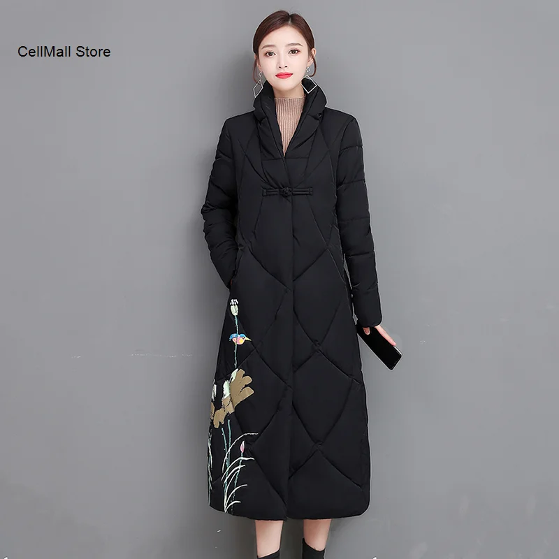 

Winter Women's Coat X-long Printing Oversized Jacket Women Chinese Style Thick Plus Size Single Breasted Stand Collar Parkas