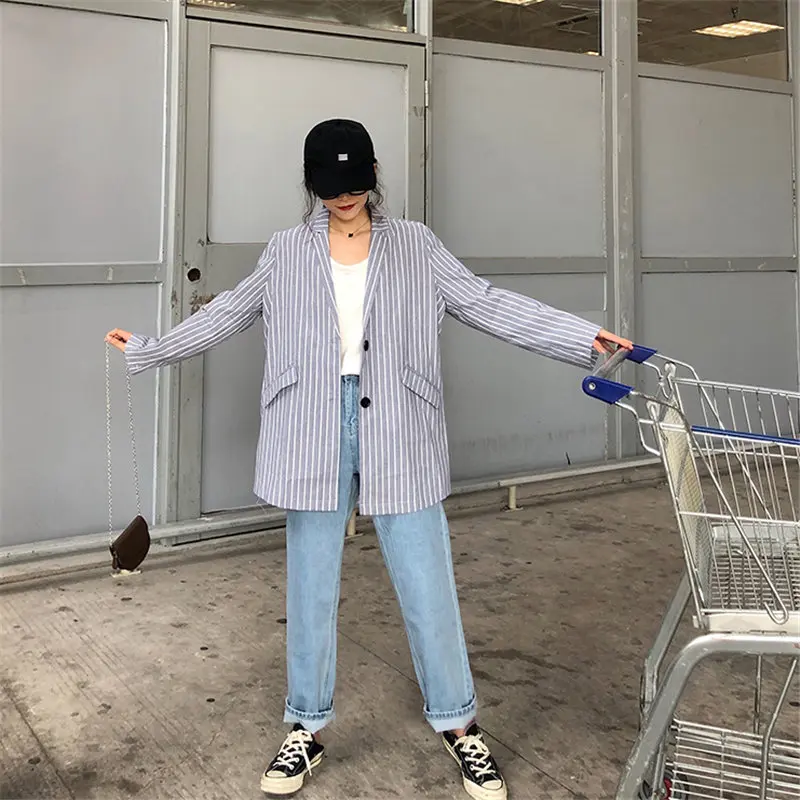 

HziriP Autumn Office Lady High Quality 2020 Chic Thin Linen Striped Streetwear Chic Loose Geometric Casual All Match Blazers