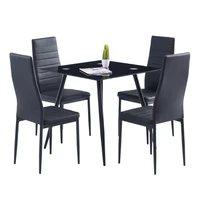 Dining Table Chairs Set Include 1 Black Square Glass Dining Table + 4 Elegant Stripping Texture High Backrest Dining Chairs